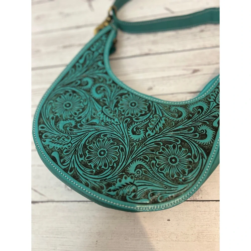 American Bison Turquoise Leather Hand Tooled Floral Western Crossbody Bag NEW